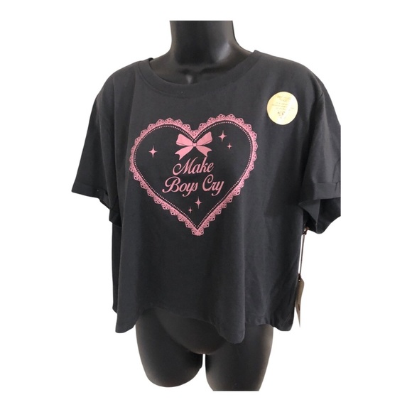 Black washed cotton look ‘make boys cry’ pink heart graphic print tshirt size XL - Picture 1 of 10